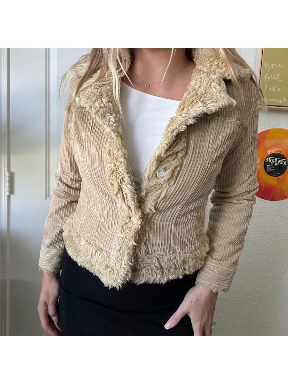 Vintage Y2K 2000s Me Jane Corduroy Tan Faux Fur Lined Jacket Sz L